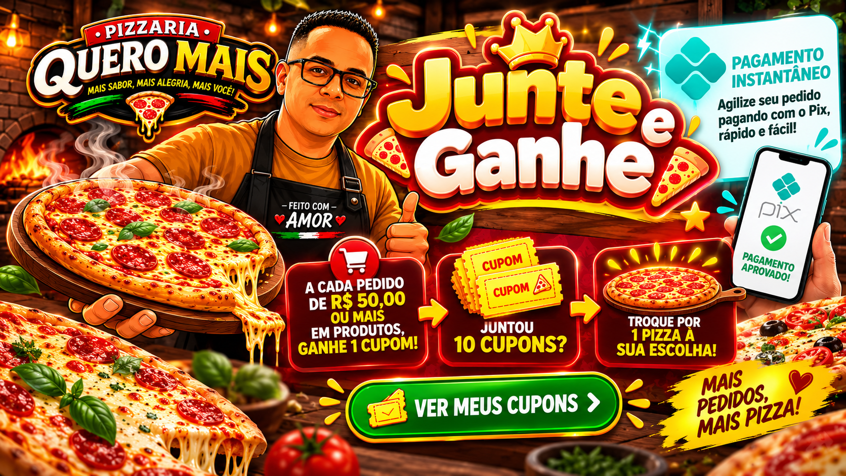 Quero Mais: pague com Pix. A cada pedido de R$ 50 ou mais em produtos, ganhe 1 cupom. Junte 10 cupons e troque por uma pizza à sua escolha. Consulte seus cupons.